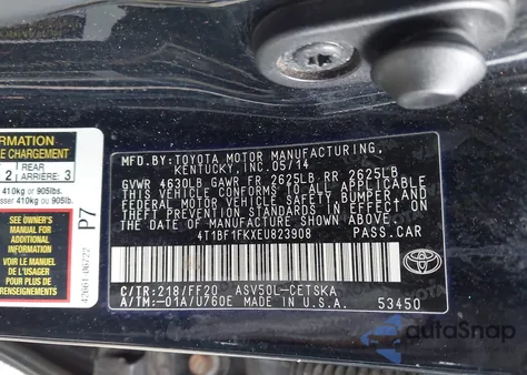 2014 Toyota Camry Se из США, поврежденный, VIN 4T1BF1FKXEU823908